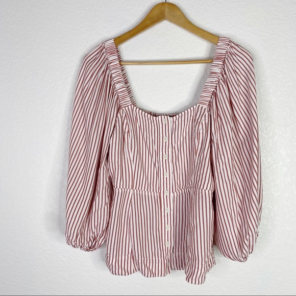 CAbi Carnival Red & White Striped Puff Sleeve Top Style 5890 - Picture 2 of 7